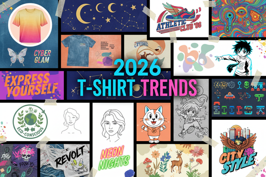 Collage showcasing 30 popular t-shirt design trends for 2026 including Y2K aesthetics, bold typography, eco-conscious graphics, retro sportswear, anime influences, and modern design elements